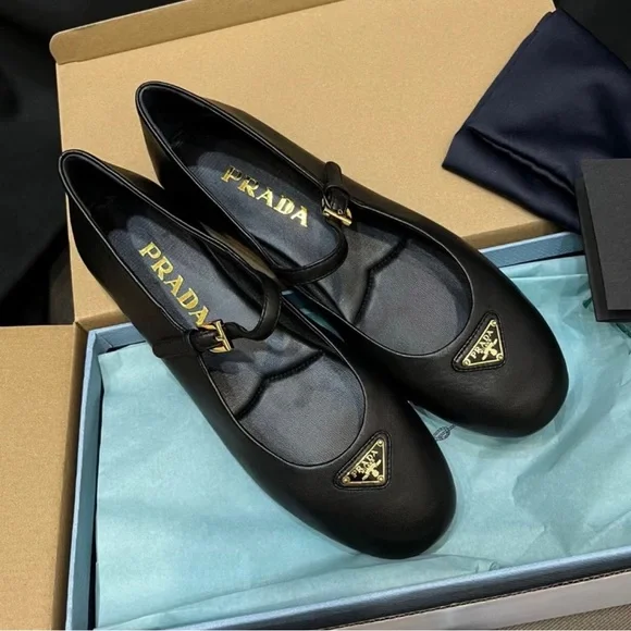 Prada Women's Black Leather Flats with Logo Detail - Picture 2 of 9